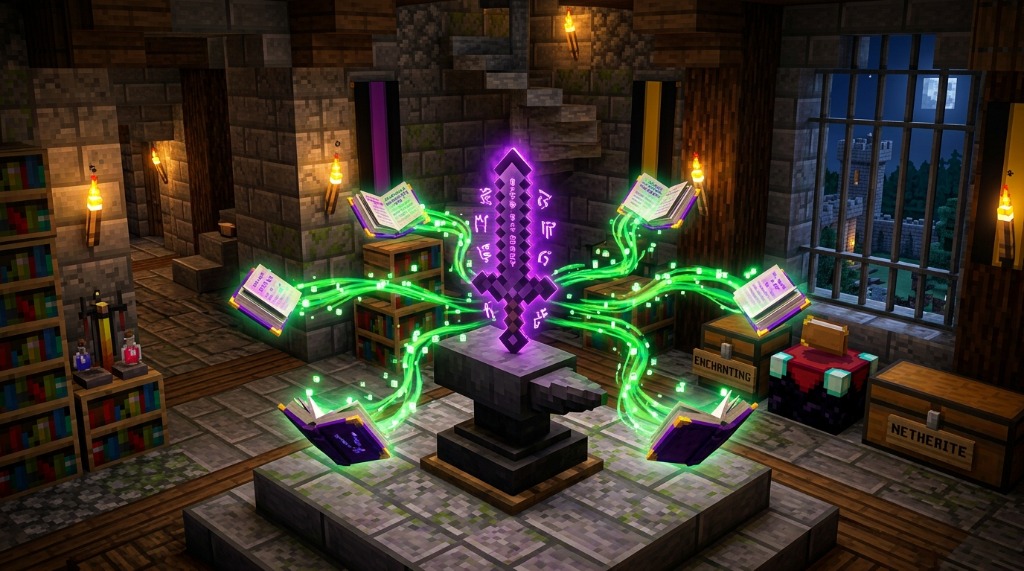 3D Minecraft anvil room with enchanted Netherite sword floating and glowing green EXP book runes