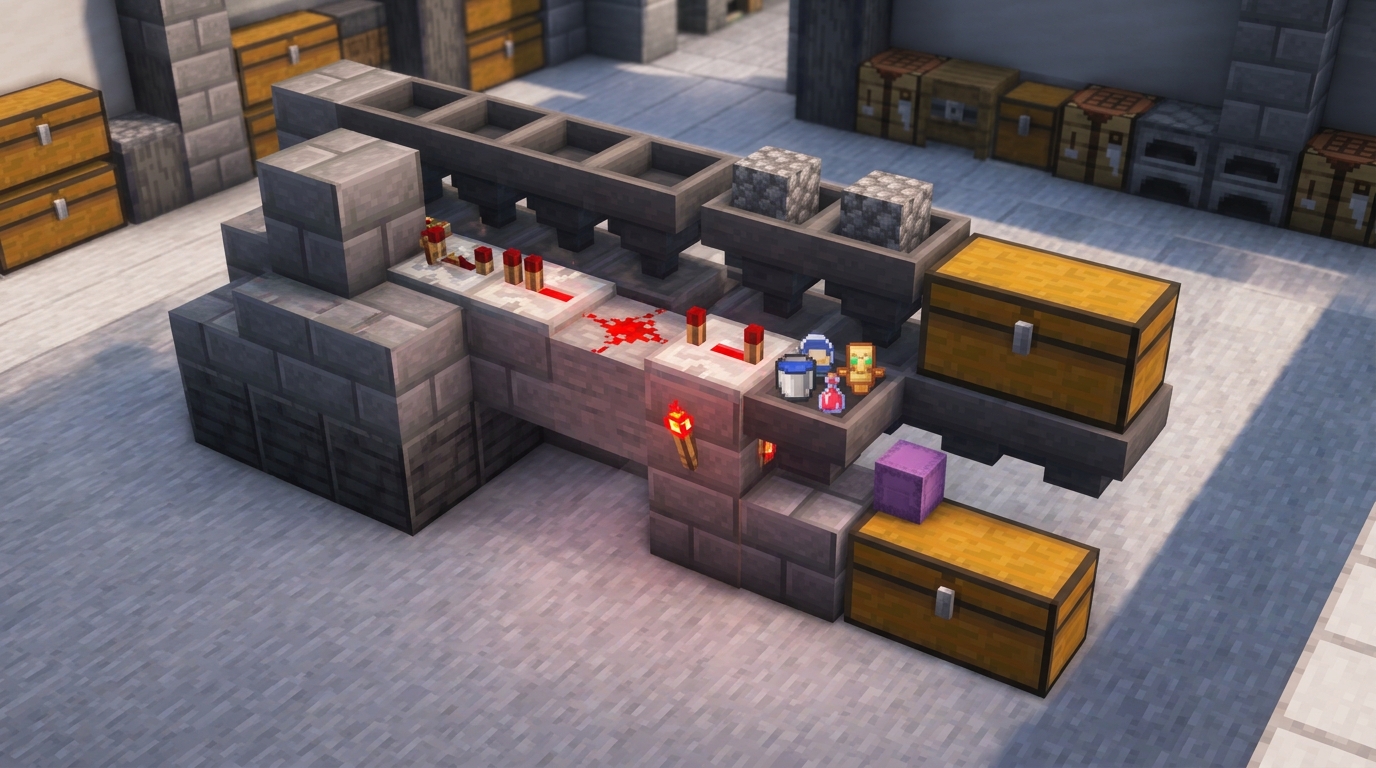 Minecraft automatic hopper item sorting system with chest warehouse