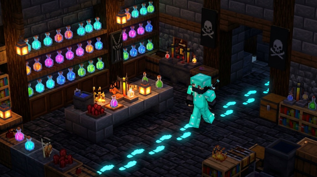 3D Minecraft alchemy room with glowing potion bottles and stealth diamond ninja leaving glowing footstep trails
