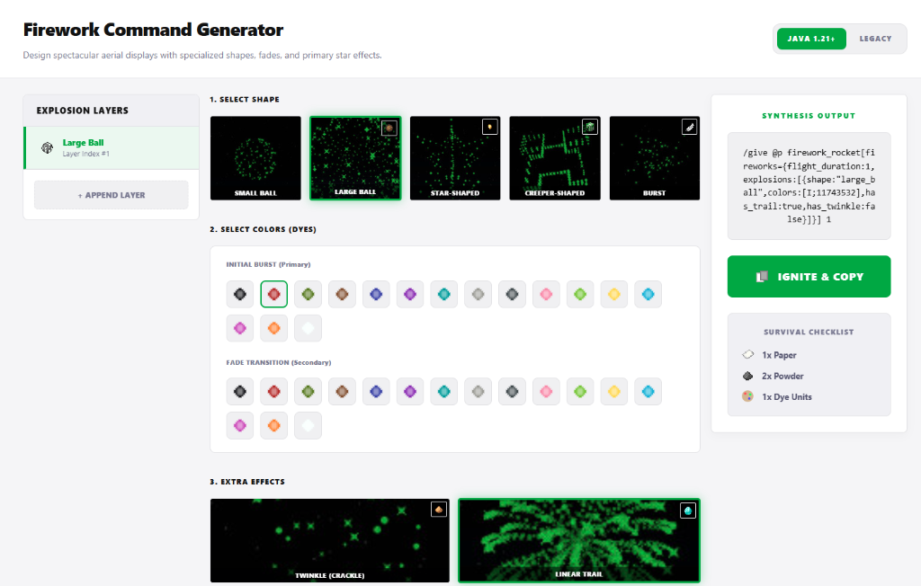 Minecraft firework generator with color swatches and rocket preview