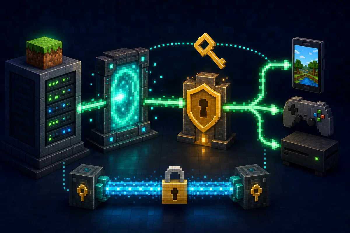 Bedrock devices connecting securely to a Java Minecraft server through Geyser and Floodgate