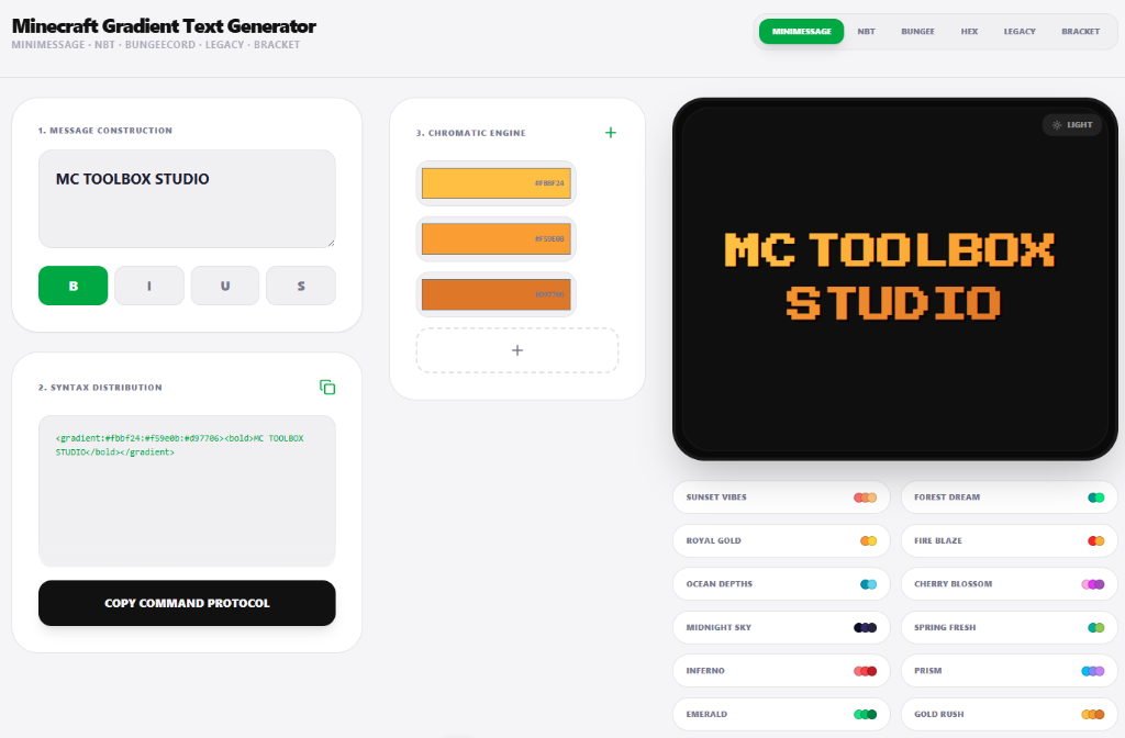 Minecraft gradient text generator with color stops and live formatted preview