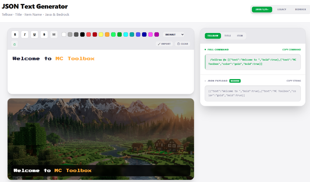 Minecraft chat message editor with clickable text and hover preview