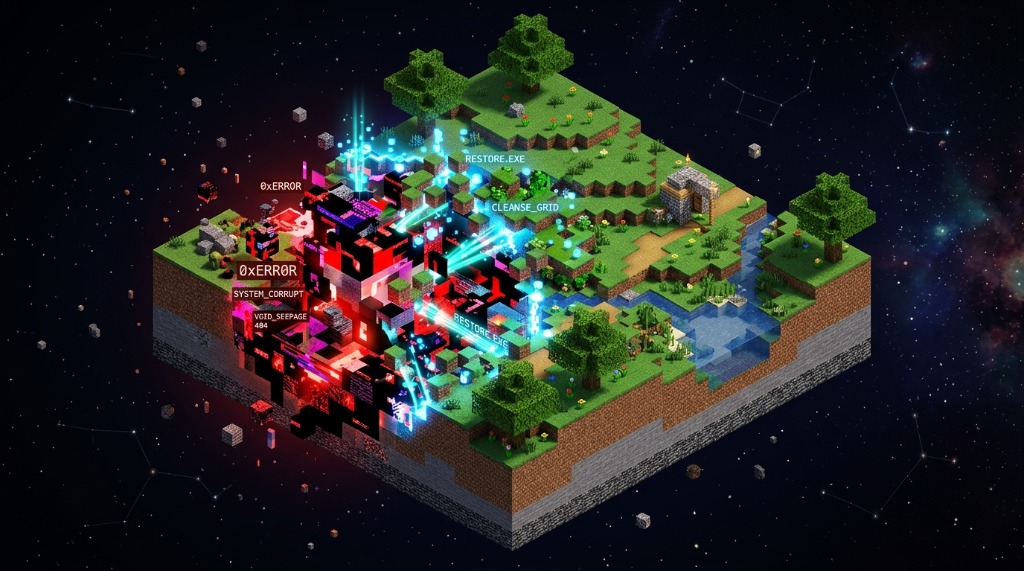 3D Minecraft chunk slice showing corrupted red block error pixels being restored into clean terrain