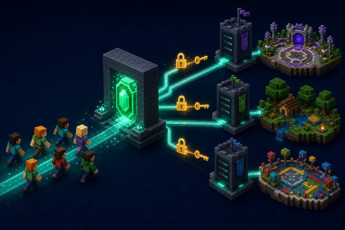 Minecraft players entering a secure proxy that routes them to lobby, survival, and minigame servers