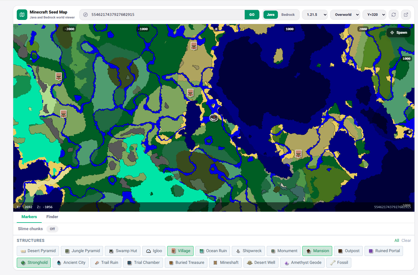 Minecraft seed map showing biomes, rivers, villages, and structure markers