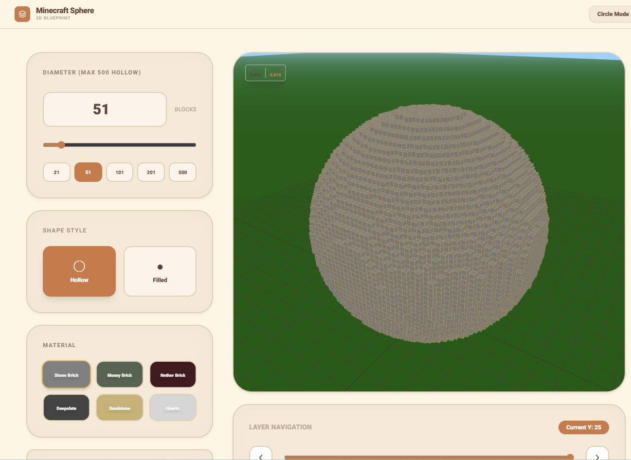 Minecraft sphere and circle blueprint generator with voxel grid preview