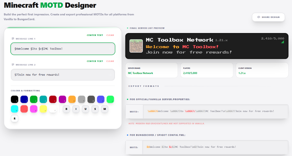 Minecraft server MOTD editor with gradient preview and player list mockup