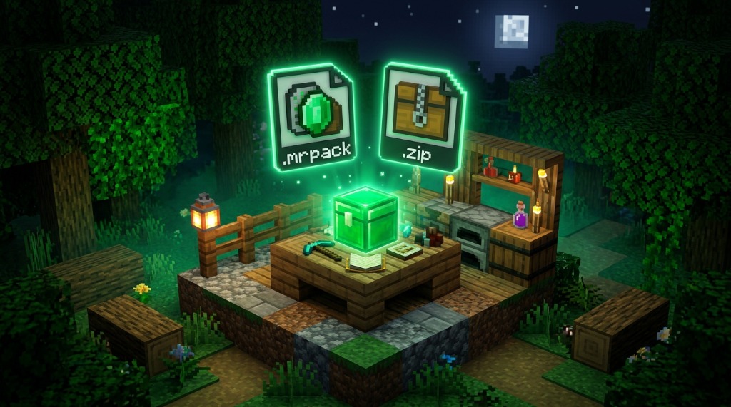 3D Minecraft workstation with glowing emerald chest and floating .mrpack and .zip icons