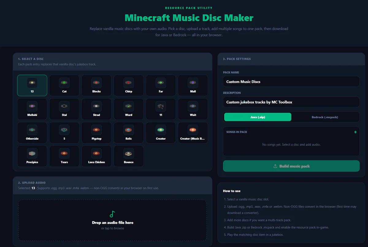 Minecraft Music Disc Maker interface with disc selection, audio upload, and Java or Bedrock pack settings