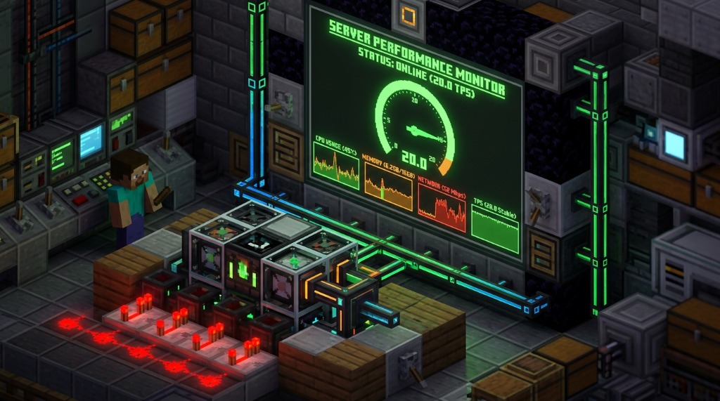 3D Minecraft server control room with glowing 20.0 TPS gauge and Redstone performance monitors