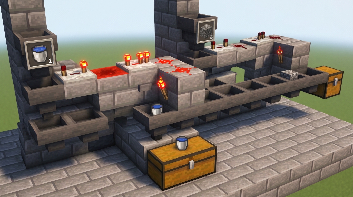 Minecraft unstackable item sorter separating a water bucket with hoppers, comparators, and redstone