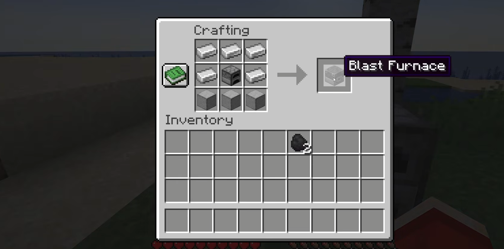 Minecraft crafting table showing five iron ingots, one furnace, and three smooth stone blocks in the Blast Furnace recipe