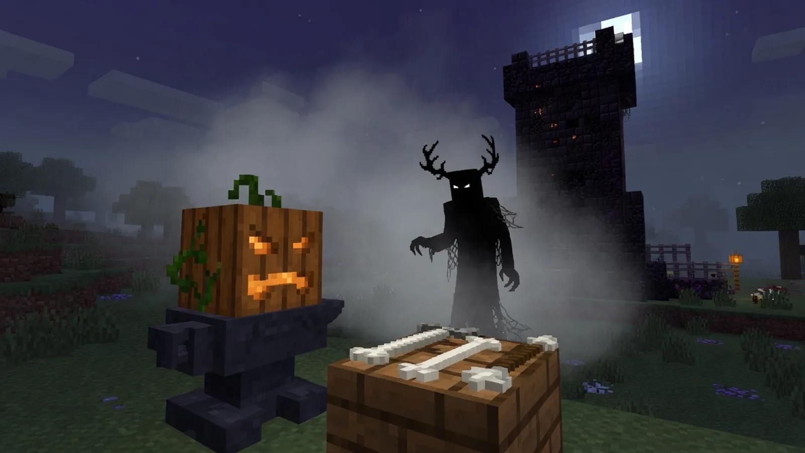 Born in Chaos pumpkin head, dark metal gear, and a foggy night village