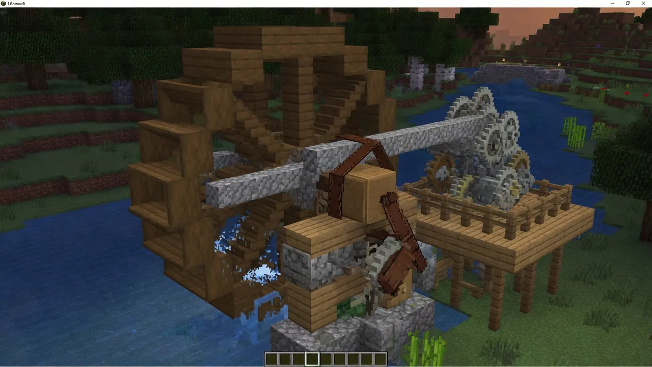 Create Mod water wheel turning andesite shafts and cogwheels on a river