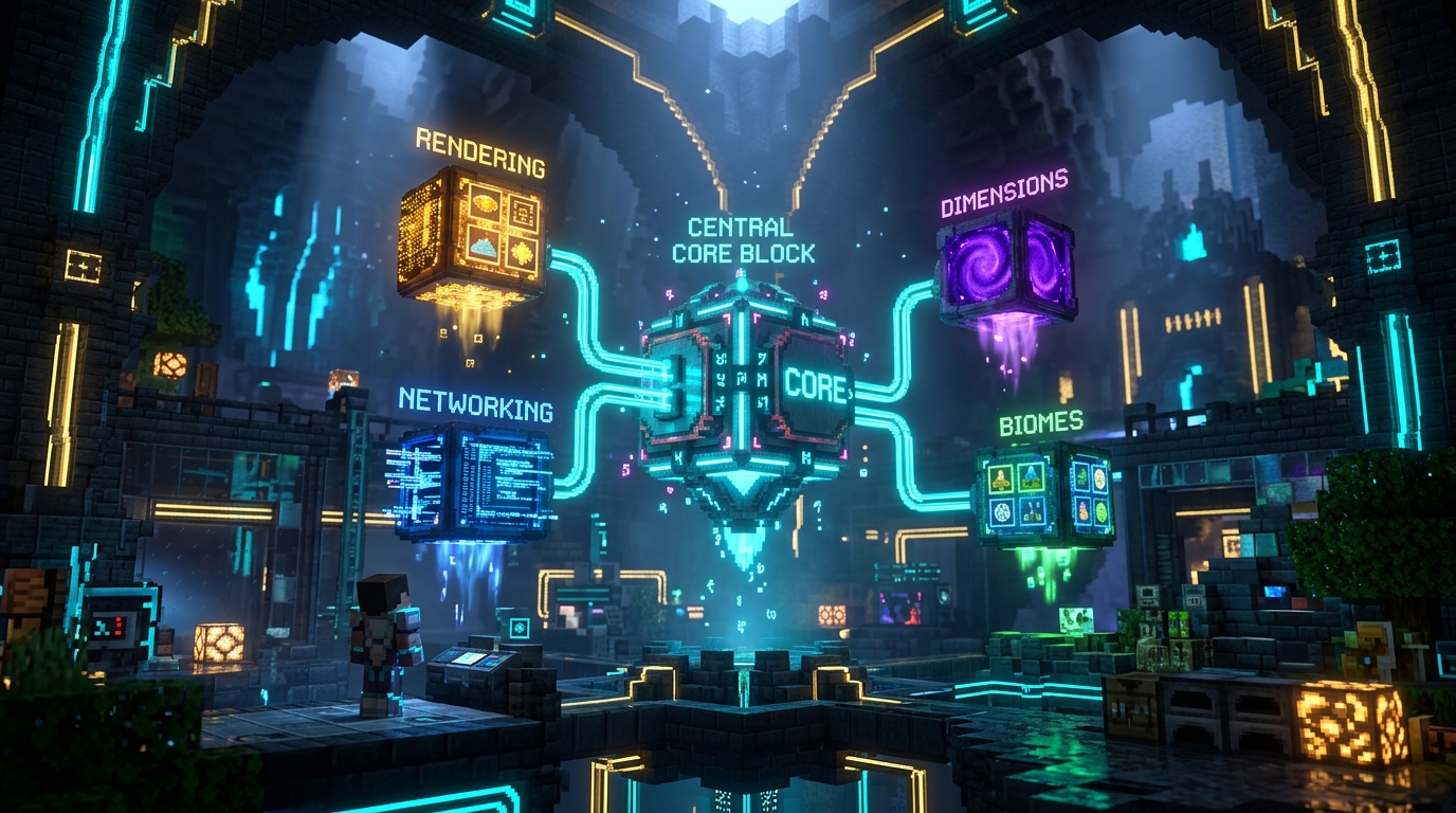 Interconnected glowing Fabric API modular blocks for rendering, networking, dimensions, and biomes
