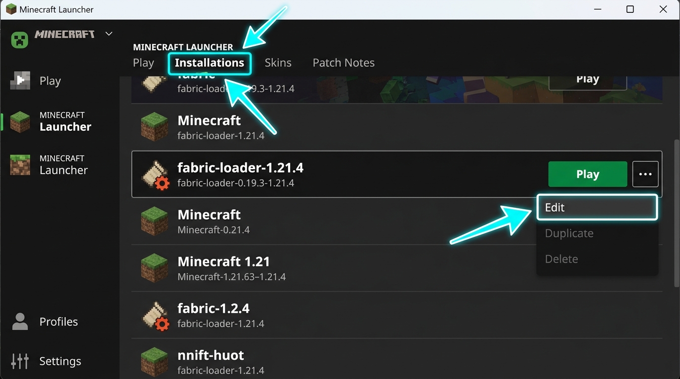 Minecraft Launcher Installations tab showing Fabric Loader 0.19.3-1.21.4 profile with Edit button highlighted