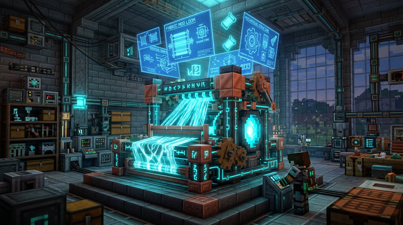 Fabric Mod Loader engine workshop with mechanical loom and cyan energy blueprints