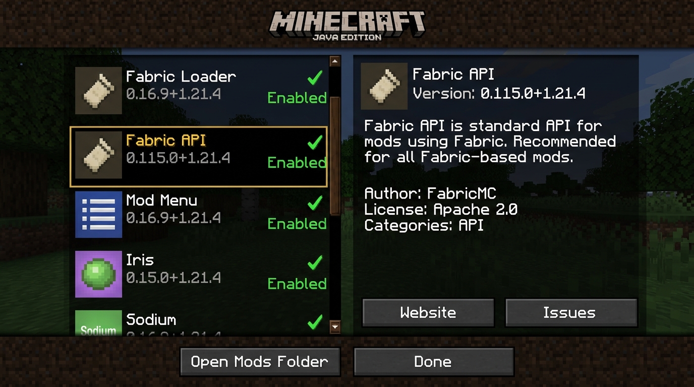Minecraft Java Edition in-game Mod Menu showing Fabric API and Fabric Loader loaded in Minecraft 1.21.4