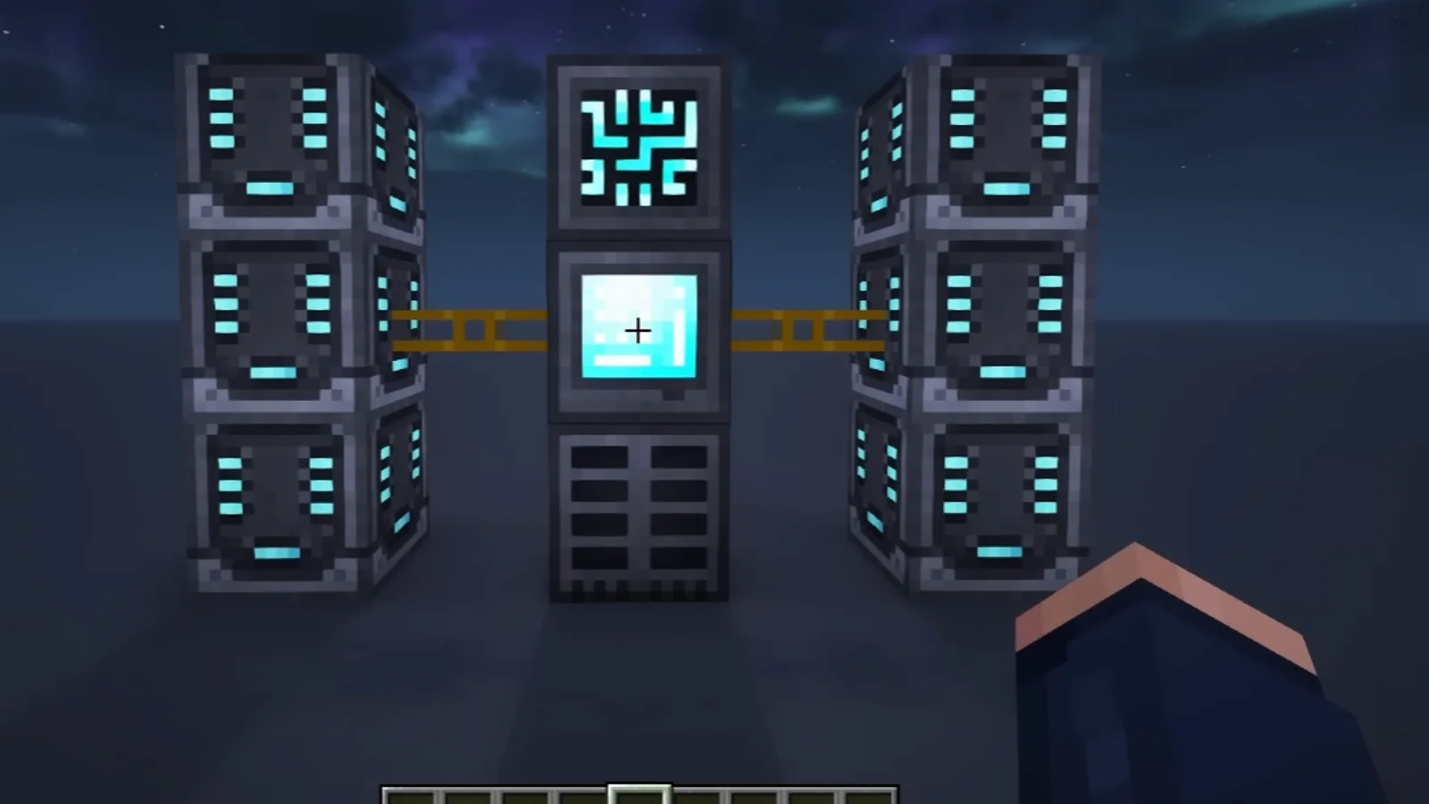 Refined Storage 2 Disk Drive towers, Controller and Grid at night