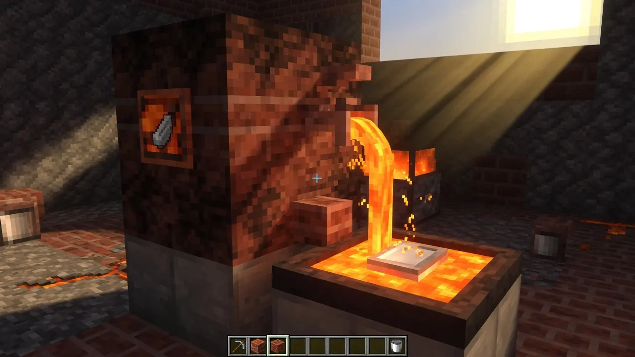 Tinkers' Construct 3x3 seared brick Smeltery pouring molten metal onto a casting table