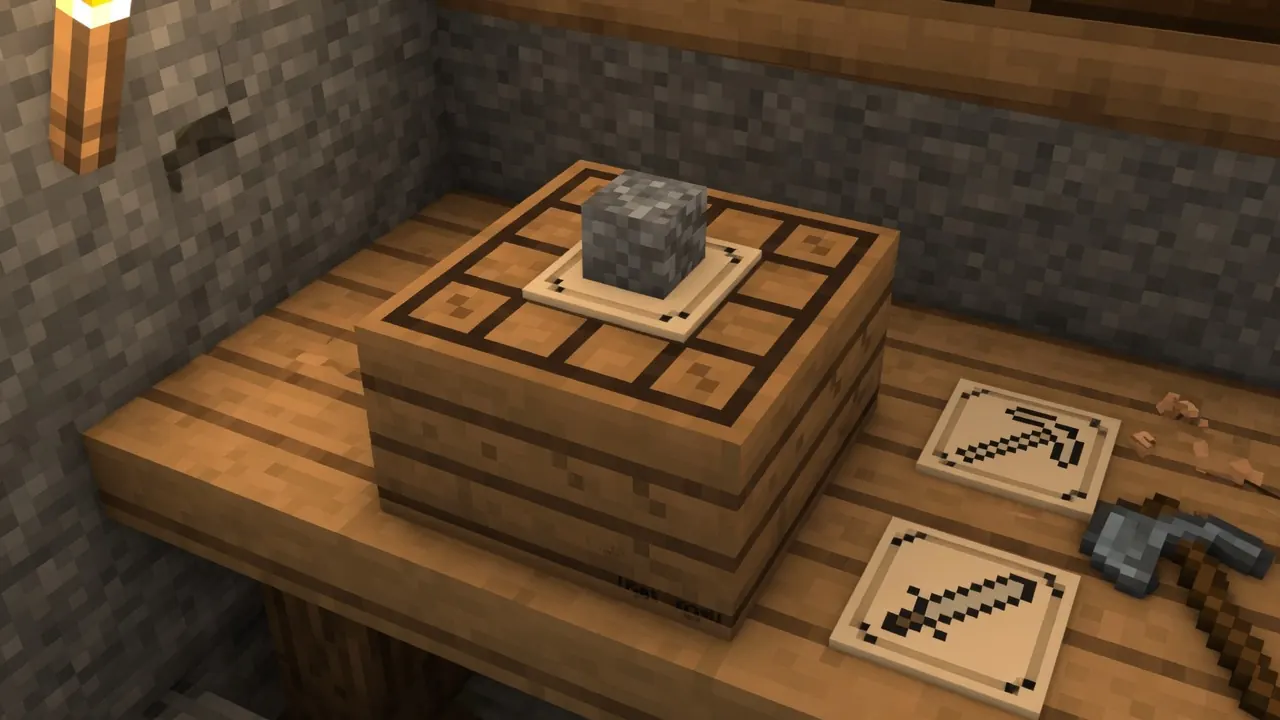 Tinkers' Construct Part Builder table with a cobblestone blank and wooden patterns
