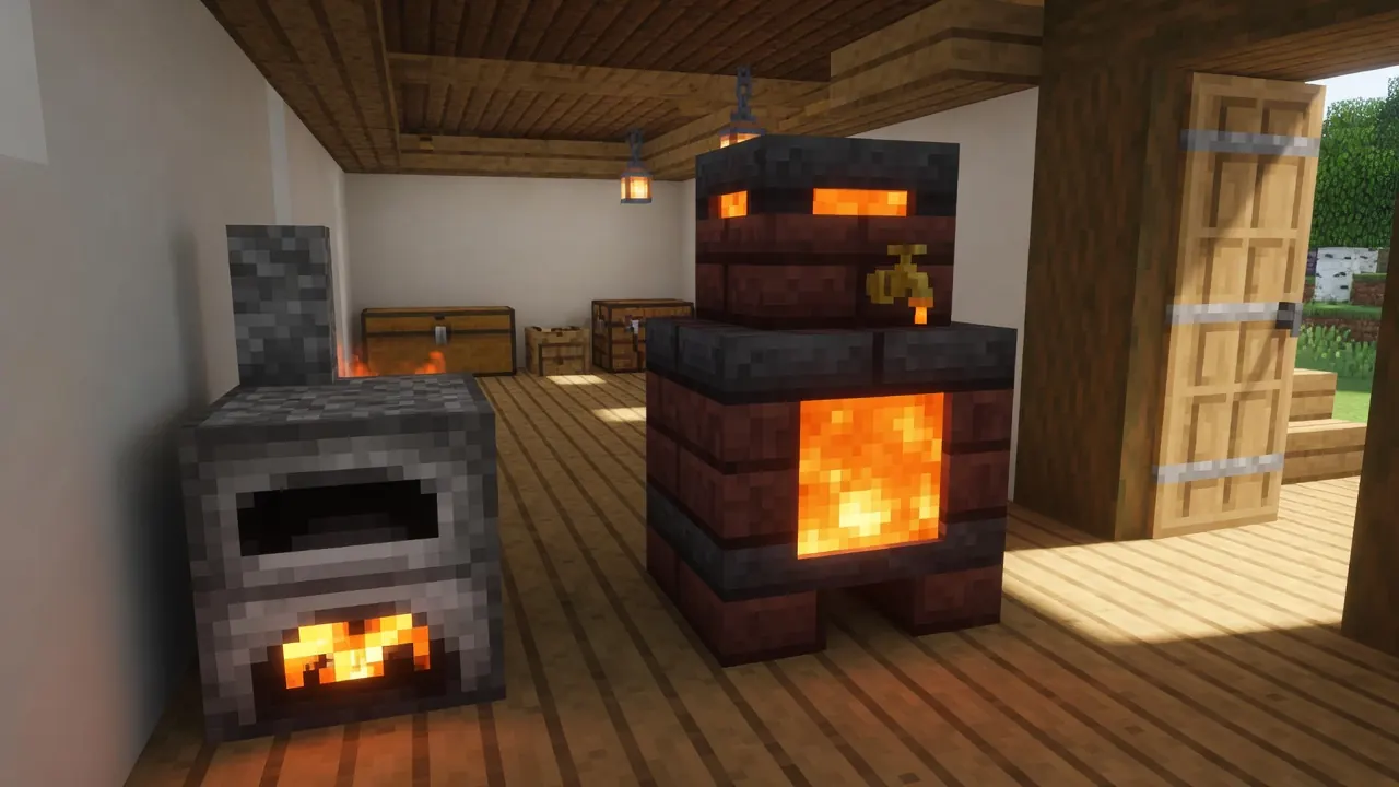 Tinkers' Construct Seared Melter and Heater next to a vanilla furnace