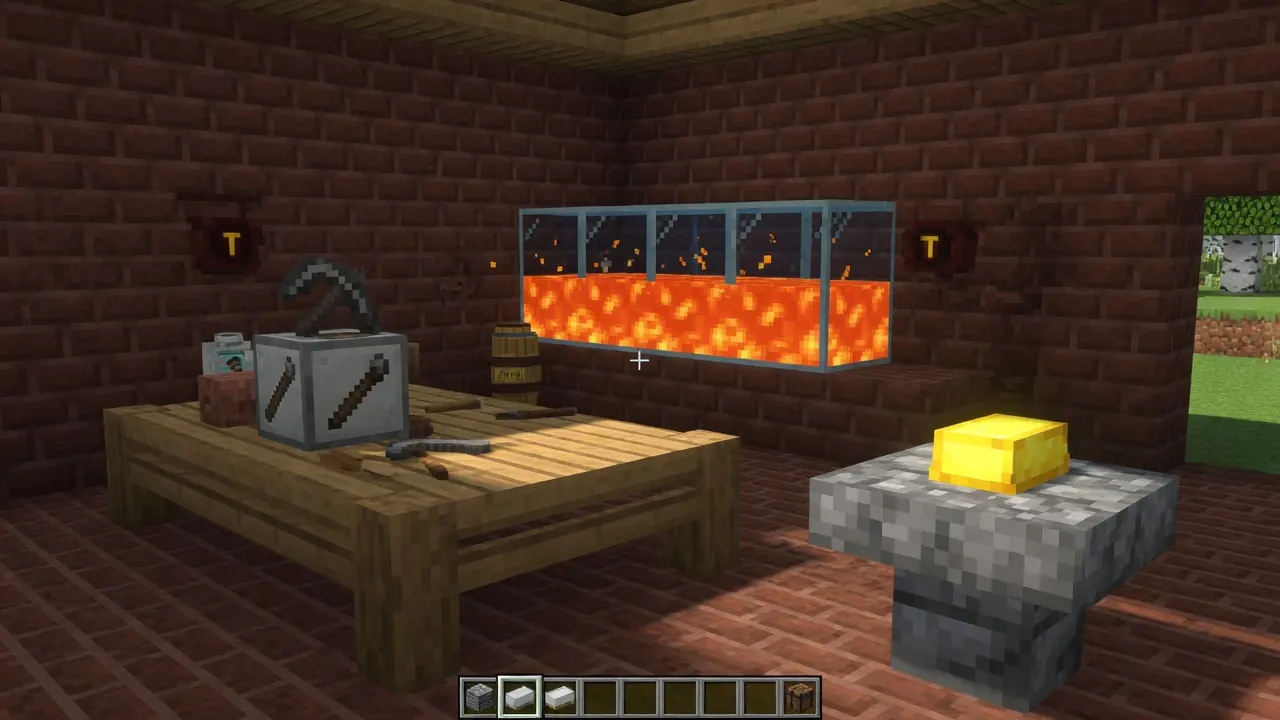 Tinkers' Construct smeltery workshop with seared bricks and a casting table